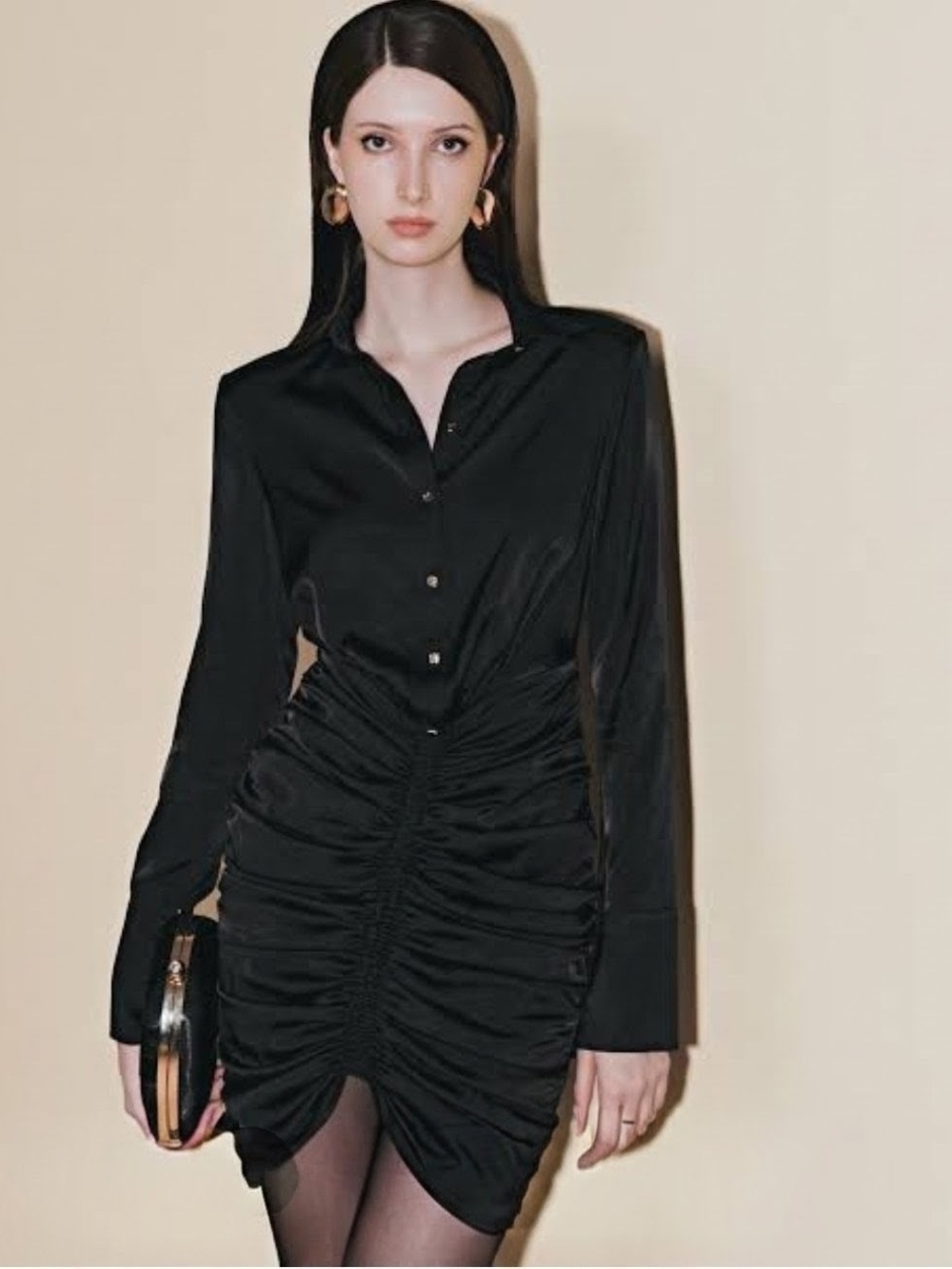 SHEIN Black Long Sleeve Ruched Shirt Dress
